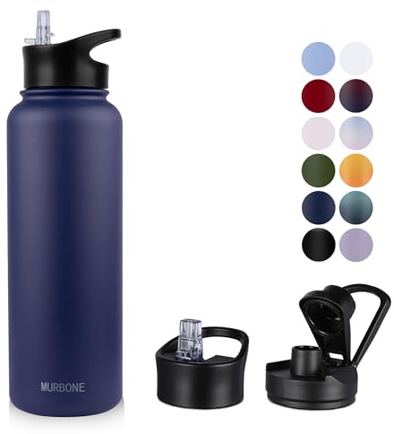 MURBONE Edelstahl Trinkflasche 1.2L (+2 Deckel)-mit Strohhalm,BPA frei,Thermosflasche Auslaufsicher,Kohlensäure Geeignet,Thermoskanne Vakuum Doppelwandisolierung für Sport, Reisen, Camping