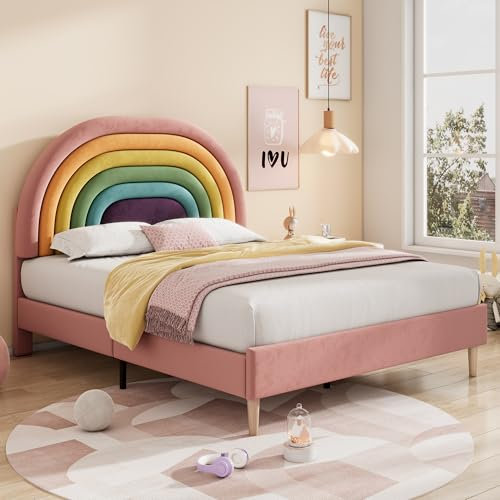4ft6 Double Bed Frame, Upholstered Platform Bed with Adjustable Rainbow Headboard, Sturdy Wooden Slat Support/No Box Spring Needed, Youth Bed Wood Bed for Adults Kids Teenagers, Velvet,135x190cm