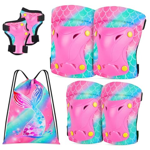 Unicorn Castle Rodilleras y Coderas de Unicornio para niños y niñas,Juego de Equipo de protección Ajustable 6 en 1 con Bolsa de cordón,3-8 años