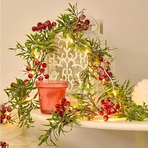 Weihnachtsgirlande mit Beleuchtung, Weihnachtsdeko Rot Beeren Girlande Weihnachten Beleuchtet, 2 M 20 LED Warmweiß Lichterkette Außen Innen, LED Lichterkette Weihnachten, für Adventskranz Deko