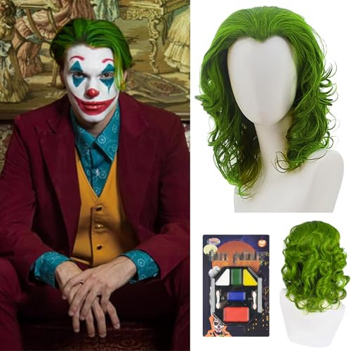 Perücke Herren Perücke Grün für Kurz Grün, Clown PerückeGrüne, Tattoo-Aufkleber,Makeup Gesichtsfarbe,ClownPerücke für Halloween Karneval Kostümparty Party