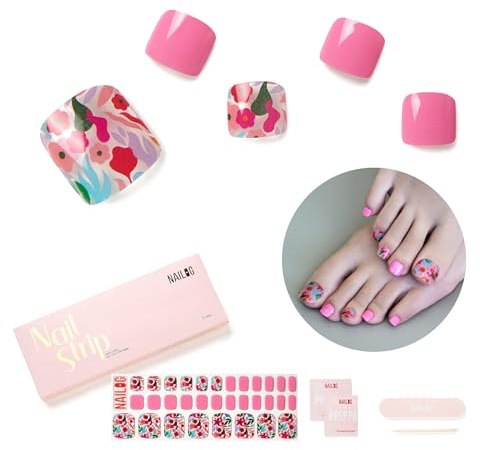 NAILOG Semi Cured Gel Nail Strips, Toe Nail Polish Strips with Glossy Gel Finishing | 32 Pieces Long Lasting Pedi Nail Wrap, Season