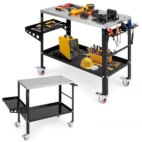 KOMFOTTEU Mobiler Schweißtisch 92 x 46 cm, Schweißwerkbank aus Stahl bis 540 kg belastbar, Montagetisch mit Lochsystem, Tischwagen Arbeitstisch mit Werkzeugschlitzen & Schweißdüsenhaltern