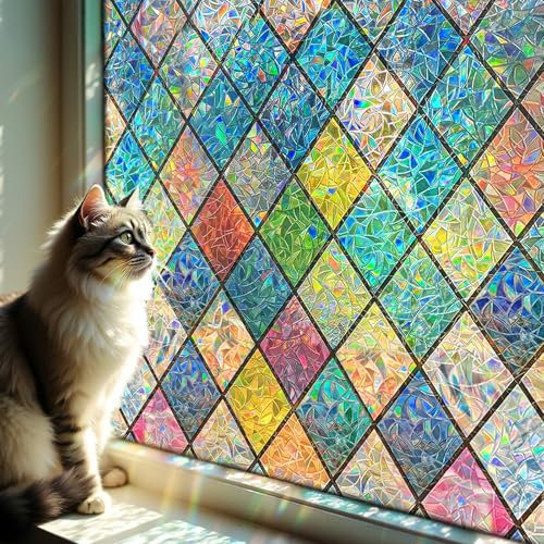 DARUITE Fensterfolie Bunt Fensterfolie Blickdicht mit Regenbogen Rautenmuster Elektrostatische Nicht Klebende UV-beständige Sichtschutzfolie Fenster Für Home, Office 44 x 200cm