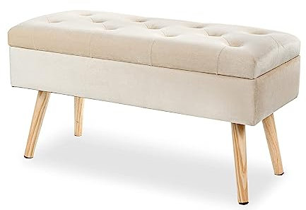 Hawthyhome Gepolstert Sitzbank mit Stauraum, Polsterbank mit samten Aufbewahrungsbox, Fußhocker mit Holzbeine für Flur Wohnzimmer Schlafzimmer 80 × 35 × 43 cm Cream
