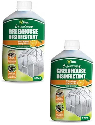 Vitax Greenhouse Disinfectant 500ml Concentrated Cleaner with Orange Oil for Garden Tools, Benches, Pots, Glass, Irrigation Lines & Bird Tables Slime & Algae Remover Green - 2 Pack