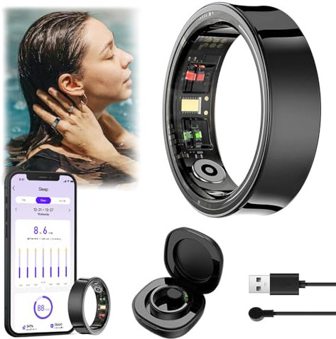 WIOONI Smart Ring Herren Damen mit Ladebox - Herzfrequenz SpO2 Monitor, Schlafanalyse, 100+ Sportmodi, IP68 Wasserdicht, Fitness Tracker Kompatibel mit Android/iOS (11, Schwarz)