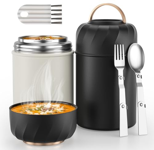 Geltais 2Pcs Food Flask, Thermo Soup Flask, 500ML Portable Insulated Lunch Container with Foldable Fork and Spoon Leak Proof Food Flasks for Taking Homemade Soup for Work/Camping/Road Trips