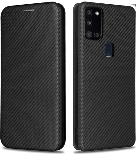 KOGENG Handyhülle für Samsung Galaxy A21S Hülle mit Wallet Kartenfach RFID-Blockierung, Carbon Fiber Textur Magnetisch Klapphülle Schutzhülle für Samsung A21S 5G Case Cover (Schwarz)