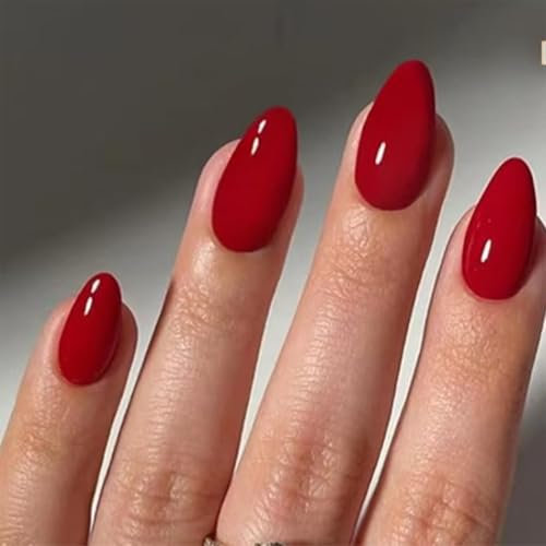 24PCS Deep Red Short Almond Press-On Nails With Strong Adhesive Nail Tab - Reusable Natural Curve Fit French Tip Acrylic False Nail Extensions For Women - 12 Sizes Durable ABS Material Manicure Set