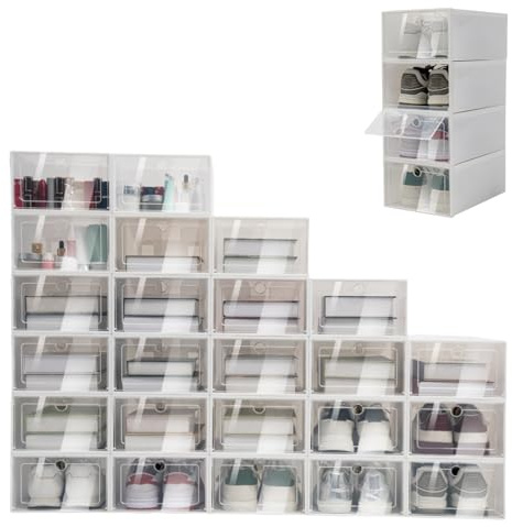 Chynalys Clear Shoe Boxes Stackable Shoe Storage Box Shoe Display Rack Easy Assembly Shoe Rack Plastic Clear Shoe Boxes with Lids for Trainer Storage & Wardrobe, Set of 24, White