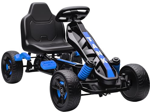 AIYAPLAY Gokart Tretauto mit Handbremse, Automatisches Kupplungssystem, Vor- und Rückwärtsgang, Tretfahrzeug mit rutschfest Eva-Räder Kinderfahrzeug Pedal-Gokart für Kinder 3-6 Jahren Blau