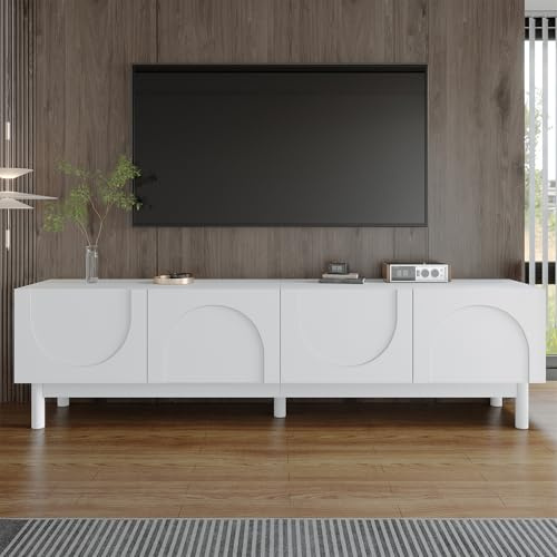 Merax TV Unit Cabinet,Entertainment with Wave-curved Door Storage,Sturdy Wooden TV Console for Living Room,Media Furniture for Organized Space - White - 169 * 34 * 45.5CM