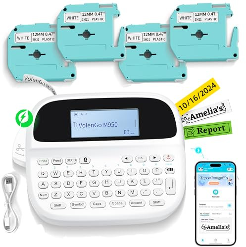 VolenGo Étiqueteuse M950 avec 4 bandes, étiqueteuse rétroéclairée rechargeable portable Bluetooth, imprimante d'étiquettes sans encre pour fournitures scolaires à domicile