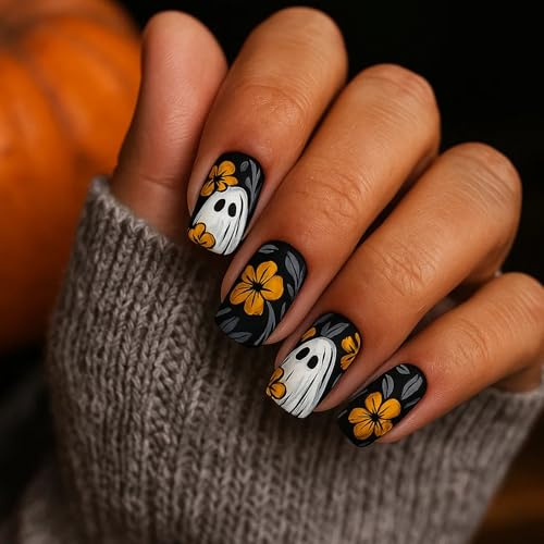 Halloween Ghost Press On Nails Short Square — 24Pcs Semi Cured Gel Nail Wraps with Cute White Ghost & Orange Flower Design, Gothic Stick On for Women, Spooky Party Manicure Art (Halloween Ghost)