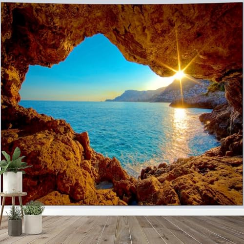 Calefee Wandteppich Meer 200 x 200, Wandteppich Höhle Blau Meer Sonnenuntergang, Wandbehang für Schlafzimmer