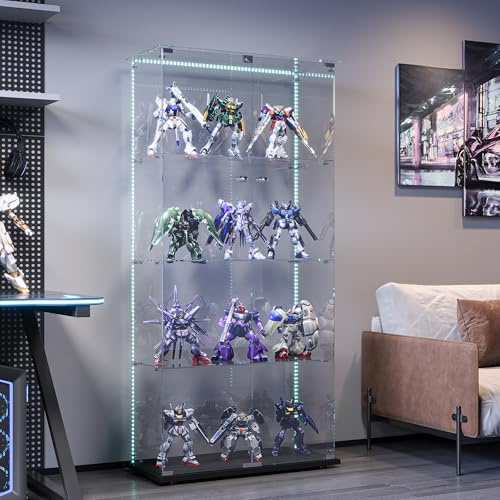 BPKADHY Vitrine en verre avec LED, moderne armoire en verre pour collectionneurs pour pièces de collection, livres, vin, 4 étagères en verre et 2 portes verrouillables, 163 x 78 x 35 cm, noir (noir