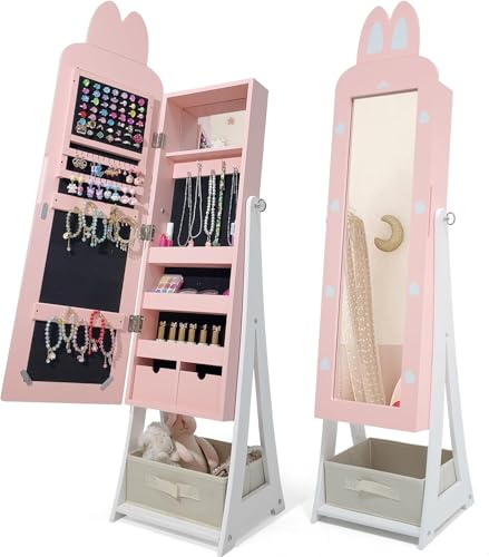 LEADZM Kinder Schmuckschrank mit Spiegel,Schmuckschrank Hängend, 3-in-1 Spiegelschrank mit Ganzkörperspiegel & Aufbewahrungskorb,Für Kinderzimmer Geeignet,Hasenstil,für Kinder ab 3 Jahren(Rosa)