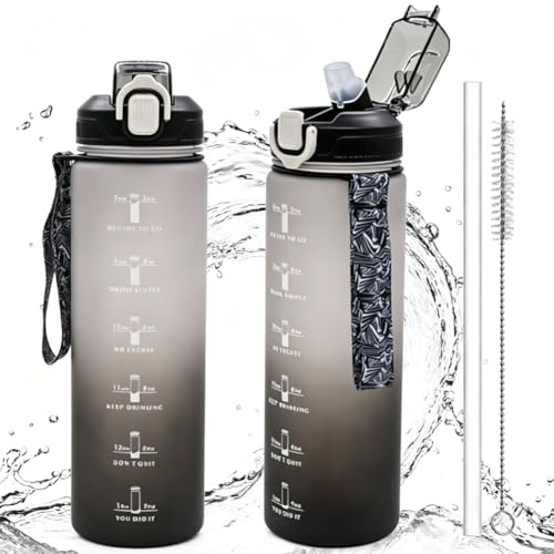 Gourde 1L Anti-Fuite Design Dégradé, Gourde Sportive avec Marqueurs Temporels Motivants, Inclut 2 Pailles de Rechange + Brosse de Nettoyage, Sans BPA & Compatible Eaux Pétillantes pour Fitness, Randon