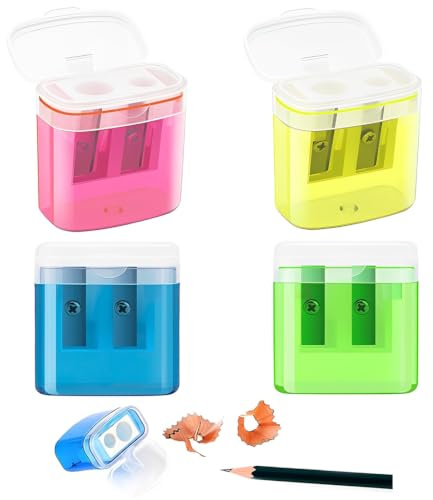 GNALIA 4 Stück Spitzer Mit Dose, Rot Gelb Blau Grün, Doppellöcher Für Dicke & Dünne Stifte, 4Cm Länge, 3,5Cm Breite, 2Cm Höhe Für Schule & Büro