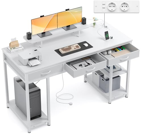 Claiks Computertisch mit 3 Schubladen, 140 x 60 cm, Weiß | Schreibtisch mit Regal, 2 Steckdosen und 2 USB-Ladeanschlüsse, Bürotisch PC-Tisch, Für Home Office und Wohnzimmer