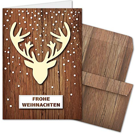 20x Weihnachtskarten-Set DIN A6 mit Elch-Motiv - Faltkarten mit passenden Umschlägen DIN C6 in dunkelbrauner Holz-Optik - Weihnachtsgrüße für Firmen und Privat