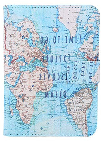 GOTOTOP Custodia per passaporto per donna, simpatico cartone animato con stampa in finta pelle divertente organizer da viaggio, custodia per passaporto regalo di festa(Carta geografica)