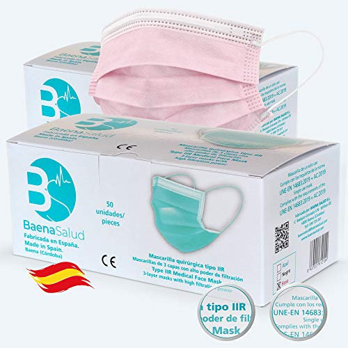 Baena Salud PK2929 - 100 Mascherine chirurgiche, igieniche, monouso, tipo IIR, filtrazione (BFE)>/= 98%, colore rosa