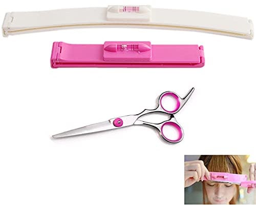 Hair Cutting Scissors Kit, Hair Cutting Tool with Scissors,Hair Cutting Guide,Hair Trimmer Fringe Cut Tool Clipper Comb Guide For Hair Bang Level Ruler Hair Accessories for Women Adults Kids Pink