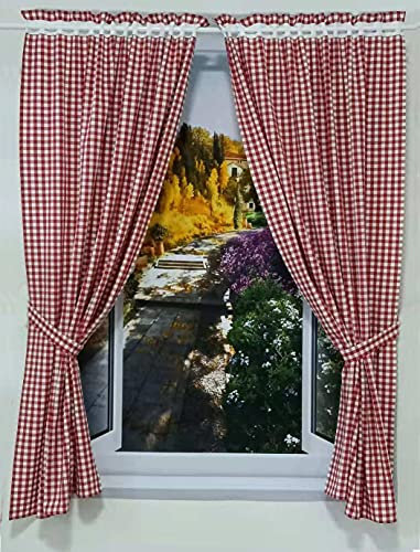 Yaland Vorhänge mit Karo-Muster Landhausstil Gardinen Karo-größe 1x1cm Wohnzimmer Gardinenschals mit Raffhalter (HxB 100x100cm, rot) 2 Stück
