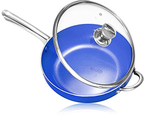 INTIGNIS Frying Pan with Lid Non Stick Deep Sauté Pan, Stainless Steel Induction Base for All Hobs Ceramic Ovenproof Dishwasher Safe (Blue, 28 CM)