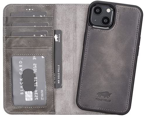 Solo Pelle Lederhülle kompatibel für iPhone 13 in 6.1 Zoll abnehmbare Hülle (2in1) inkl. Kartenfächer für das original Apple iPhone 13 (Steingrau)