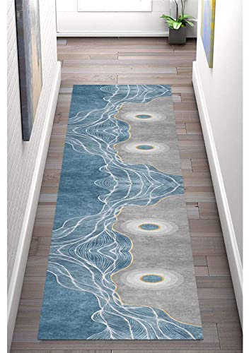 Läufer Teppich für Flur, Wasserdichter Rutschfester Kunststoffrücken Waschbarer Teppichläufer 60×90cm, Blaue Lange Fußmatten, Küchenteppiche