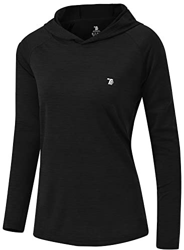 donhobo Women's Long Sleeve Sports Running Hoodie Tops Shirts with Thumb Hole,UPF 50+ Sun Protect Breathable Quick-Dry Fitness T-Shirt Tops for Workout Gym Training Yoga Pilates Black L