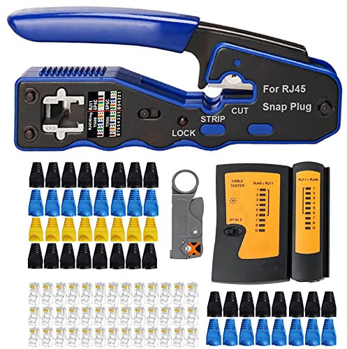 MAYLINE RJ45 Testeur de Network Réseau Câble Kits, Pince à Sertir de Fil RJ11 Cat5 Cat6 avec 50 Pièces Ensemble d'Outils de Connecteurs en Cristal, Dénudeur de détecteur de données(Gris)