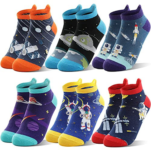 Welwoos Kinder Lustige Socken Jungen Sneaker Socken Bunte Kurze Kindersocken Cartoon Baumwolle Kleinkind Geschenke Socken 6 Paare Socken Jungen Kinder 27 34 33 28 32 26 (Weltraum, 3-5 Jahre)