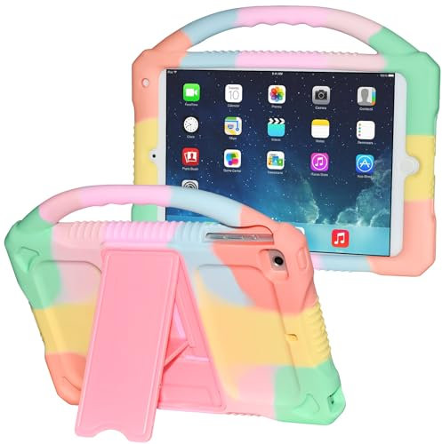 Adocham Kinder-Schutzhülle für iPad mini 1-5, Langlebig, Stoßfest, Silikonhülle für Apple 7,9 Zoll iPad, Hülle Mit Standgriff (Regenbogen)
