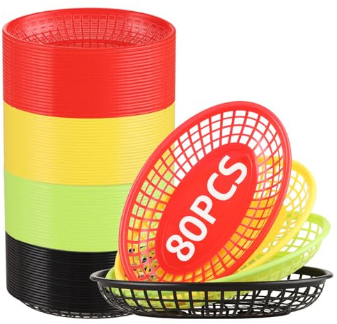 YAYODS Paquete de 80 cestas de comida ovalada de plástico de 22 x 14 x 4 cm, bandeja de servicio de alimentos para papas fritas, perros calientes, pan, hamburguesas, sándwiches (4 colores)