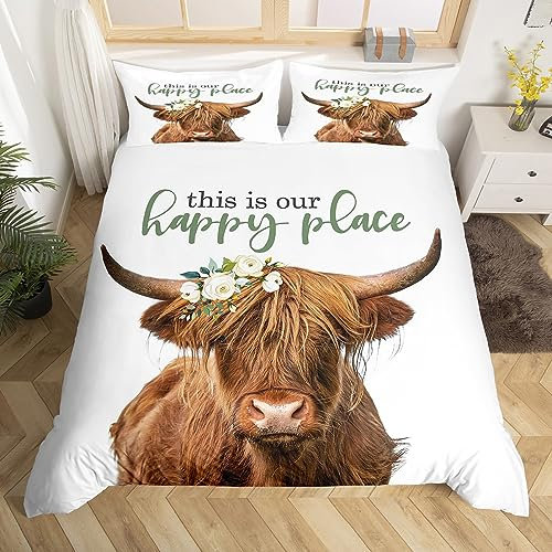 Highland Cow Gifts Bedding Set Farm Animal Cow Print Comforter Cover for Girls Toddler Boys Highland Cow Decor Duvet Cover,Animal and Flowers Bedding Set Super King,1 Bedspread Cover 2 Pillowcases