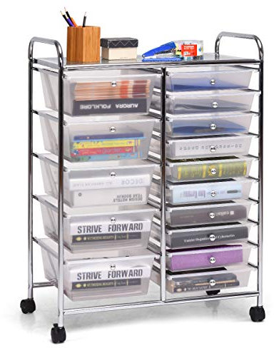 KOMFOTTEU Rollwagen mit 10/15 Schubladen stapelbar, Badrollwagen Rollcontainer mit Metallrahmen, Allzweckwagen Haushaltswagen Beistellwagen für Bad & Küche (Transparent, 15 Schubladen)