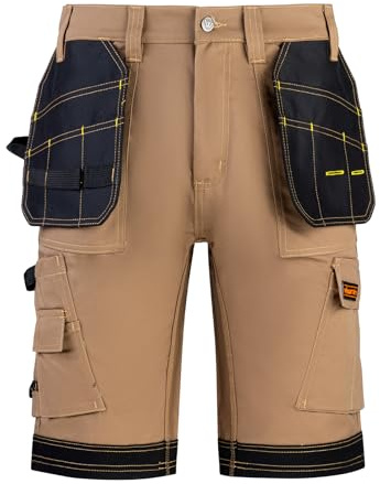 WrightFits Men Pro Builder Work Shorts - Khaki - Heavy Duty Safety Combat Cargo Summer Shorts – Multi Holster Pockets - Triple Stitched Durable Workwear (34W)