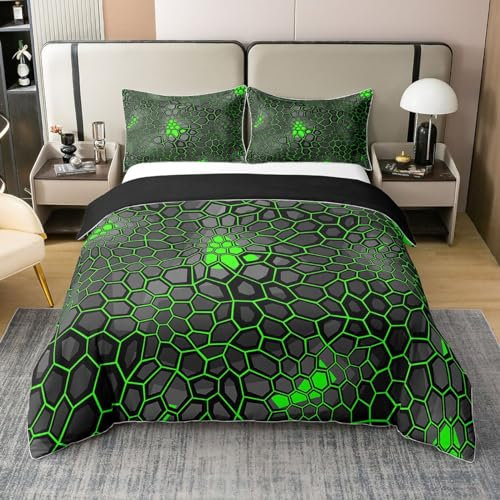Honeycomb 100% Baumwolle Bettbezug 155x220 Camouflage Geometrische Bettwäsche Set Abstrakte Militär Camo Sechseckige Waagen Komfortbezug Simplistische Geometrische Chic Kreative Bett Sets,Grün