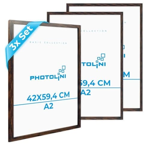 PHOTOLINI Bilderrahmen A2 Holz MDF Eiche dunkel, 3er Set Picture Frame Rahmen 42x59,4 mit bruchsicherem Acrylglas, DIN A2 Bilderrahmen 42x60 zum Aufhängen, mit Zubehör - A 2 Frames für Fotos & Poster
