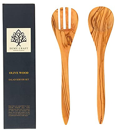 Demy Craft- Olivenbaum 30 cm Handgefertigte Salat-Servierset, Holzlöffel und -gabel