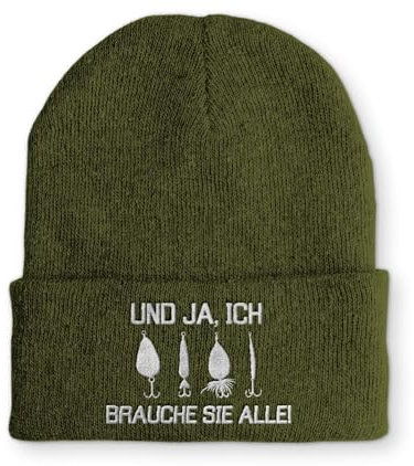 tshirtladen Spruchmütze Strickmütze Angler Wintermütze Mütze lustige Beanie mit Stick, Farbe: Olive