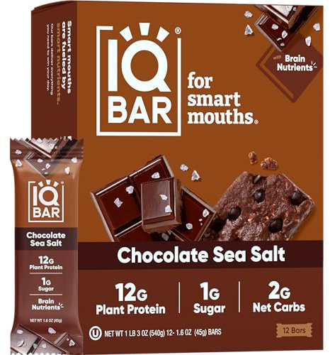 IQBAR Brain and Body Plant Protein Bars - Chocolate Sea Salt - 12 Count, Low Carb, High Fiber, Gluten Free, Vegan Snacks - Low Sugar Keto Energy Bar