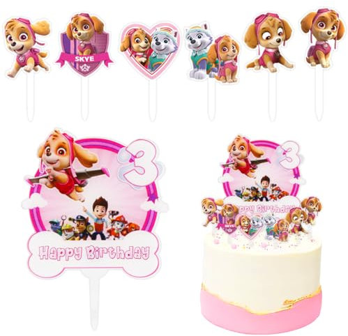 Paw Dog Patrol Geburtstag Tortendeko 3 Jahre - Happy Birthday Rosa Kindergeburtstag Party Tortenaufleger - Kuchen Deko für Mädchen und Junge