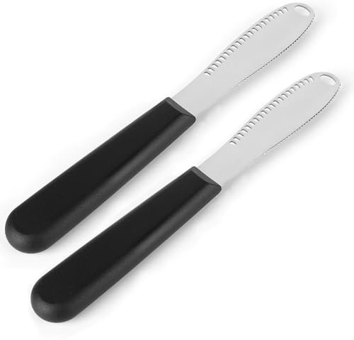 Rablue Butter Knife, 3 in 1 Stainless Steel Butter Knives Butter Spreader with Serrated Edges and Scraping Holes Easy Spread for Cutting and Spreading Butter Cheese Peanut Butter Jam Slicer(2 PCS)