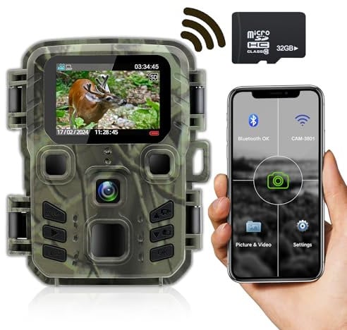 RecorCam Mini Fototrappola WiFi Bluetooth App 24MP 1296P, Fotocamera Caccia con Visione Notturna con APP, Velocità di induzione di 0,2s Impermeabile IP66 per il Monitoraggio della Fauna Selvatica