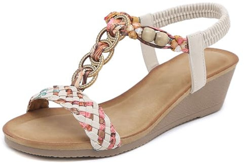 FLtoxu Damen Sommer Bohemian Sandalen mit Keilabsatz S134 (Beige, 40)